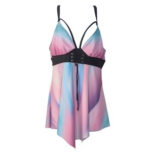 Women's Medium Pink Purple Blue Pastel Harness Corset Swim Tankini‎ Top